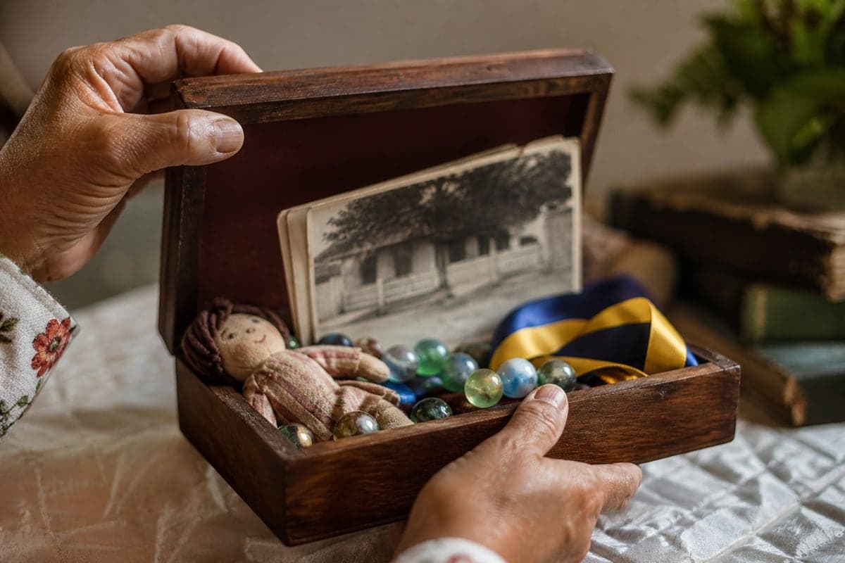 Mão abre uma caixa com brinquedos e fotos que despertam lembranças da infância.