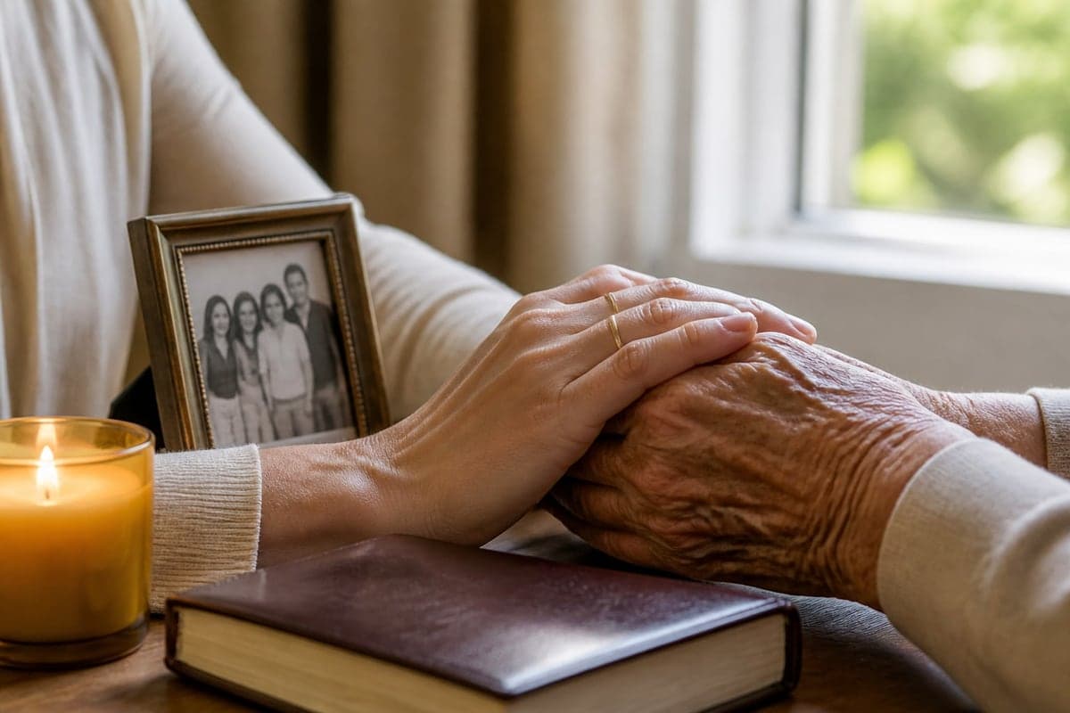 Mãos de duas gerações repousam juntas em um momento de fé e reflexão.
