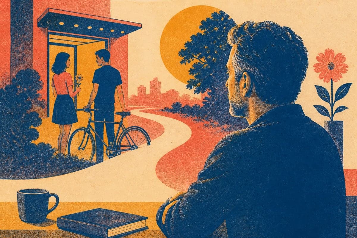 Uma lembrança do primeiro amor reaparece entre bicicleta, cinema e caminhos da juventude.