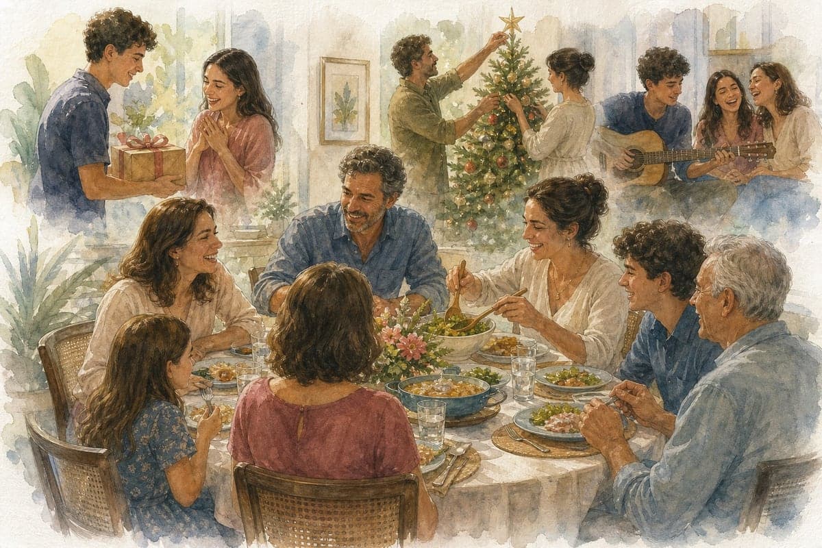 Rituais de almoço, aniversário e festas cercam uma família reunida à mesa.