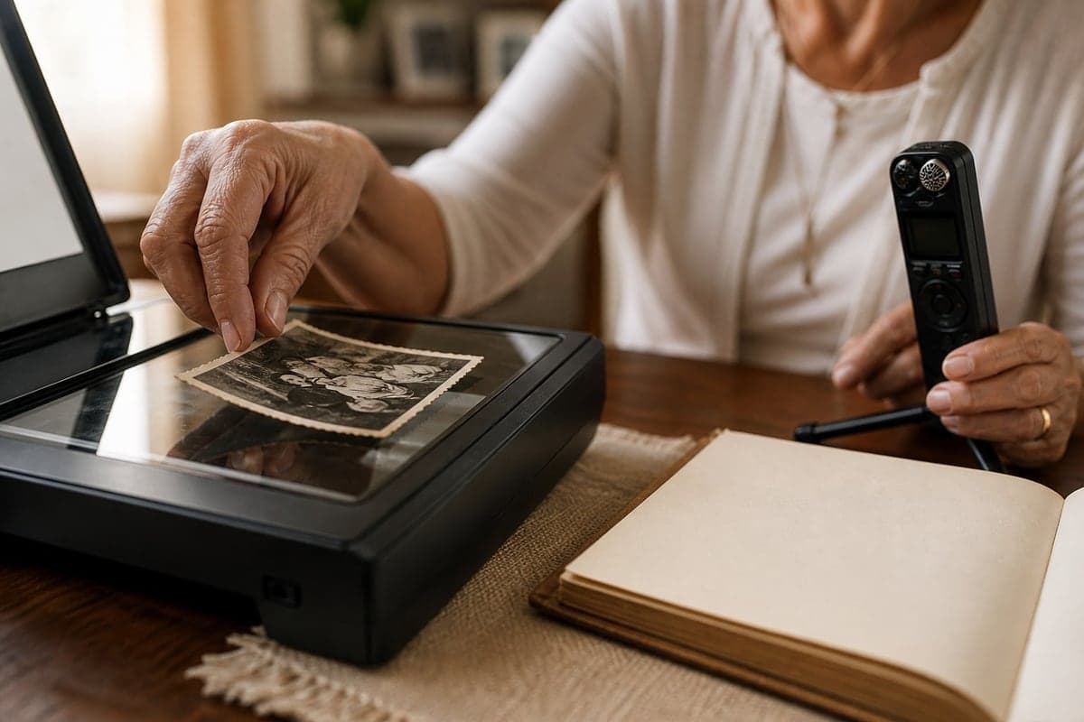 Fotografia antiga, gravador e livro mostram a importância de registrar a história da família.