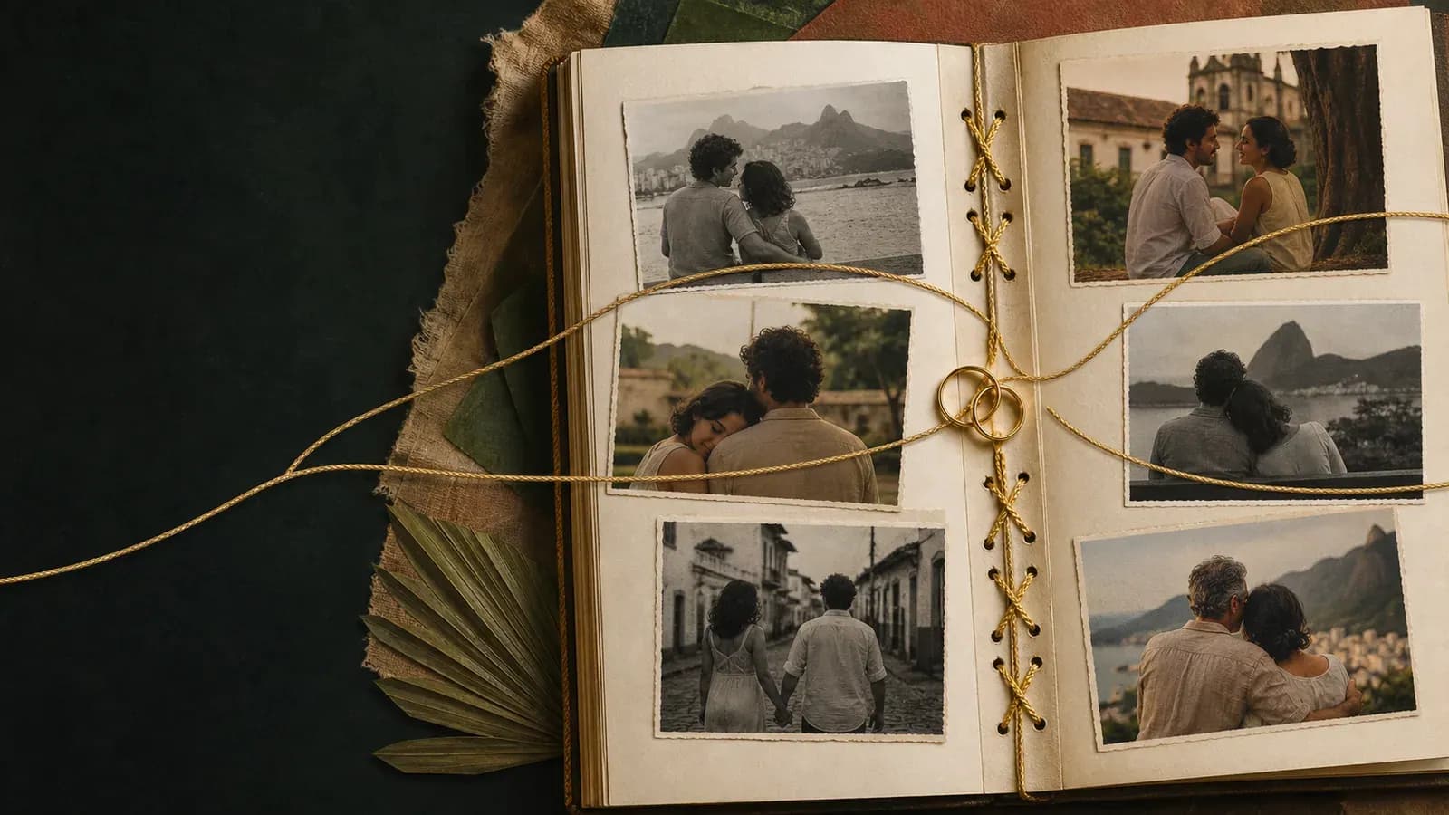 Fios dourados unem fotografias de um casal e duas alianças sobre um álbum.