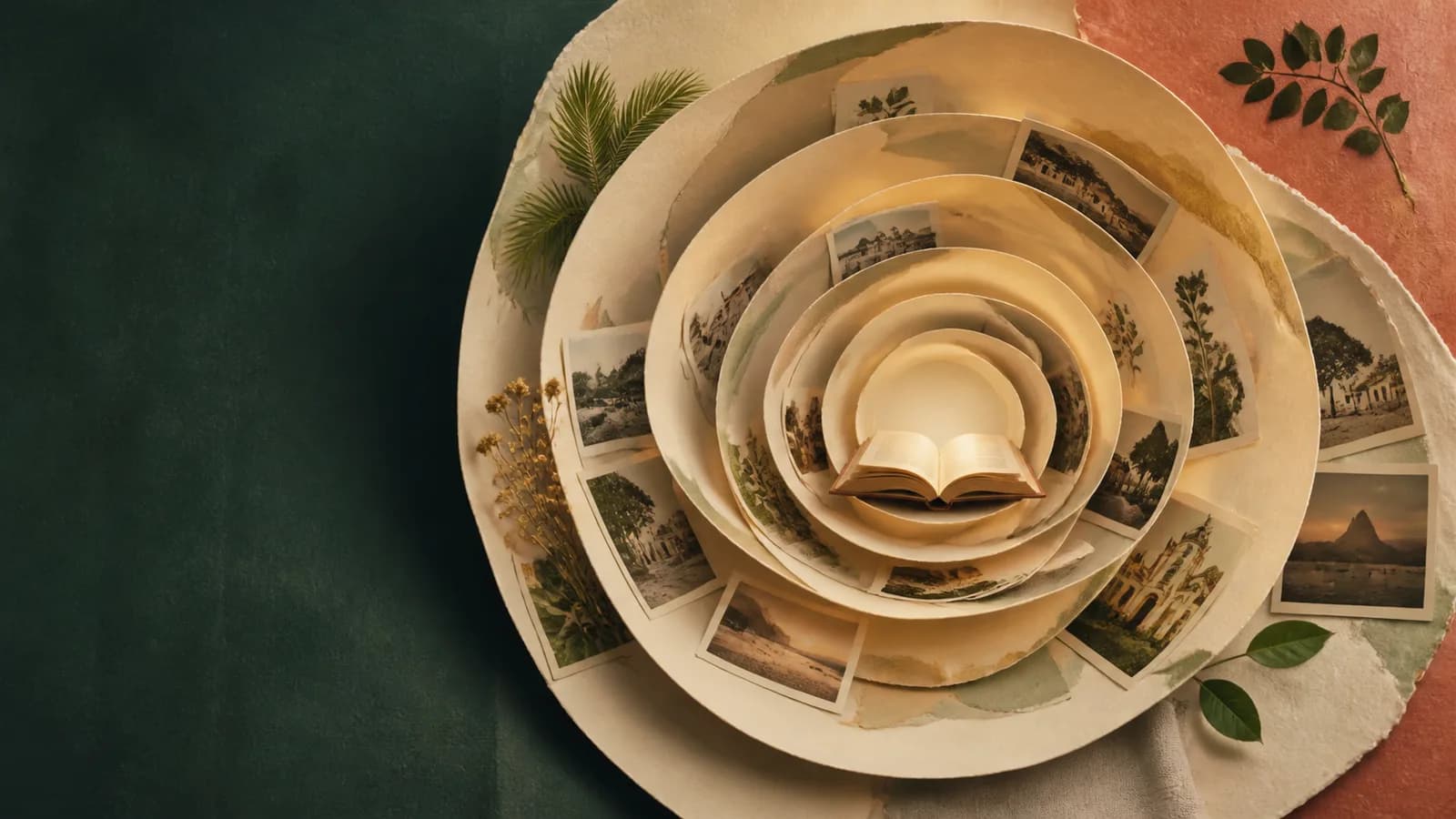 Espiral de oito camadas de papel reúne fotografias e um livro de memórias.