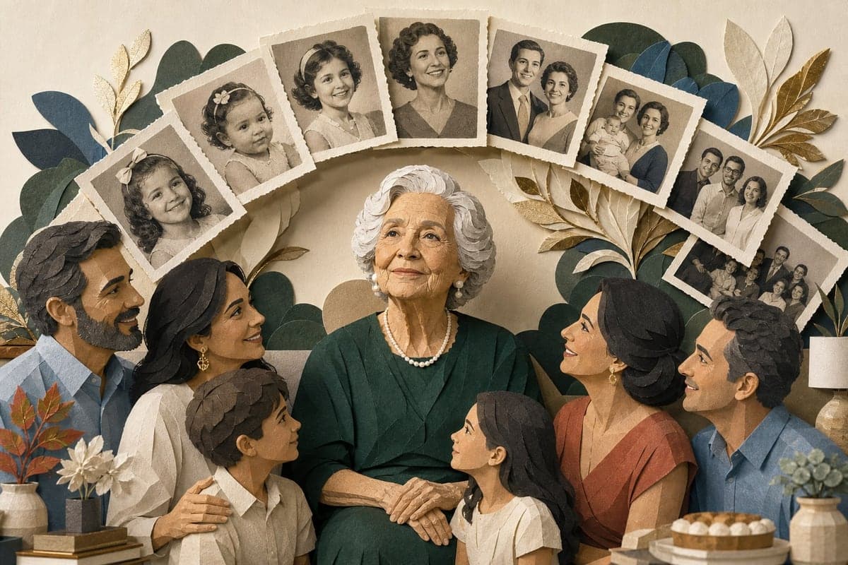 Pessoa centenária é celebrada por várias gerações diante de fotografias de toda a vida.