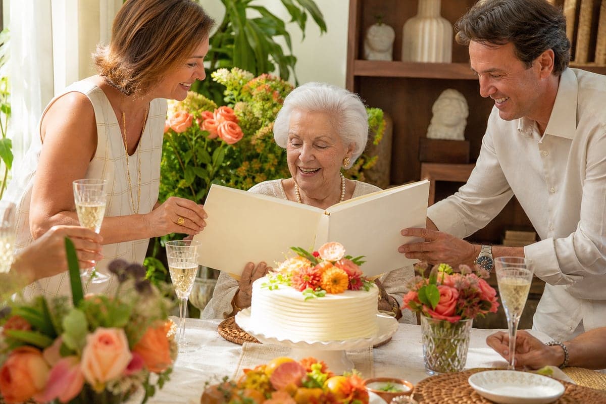 Pessoa de 90 anos celebra com a família ao receber um livro de memórias em branco.