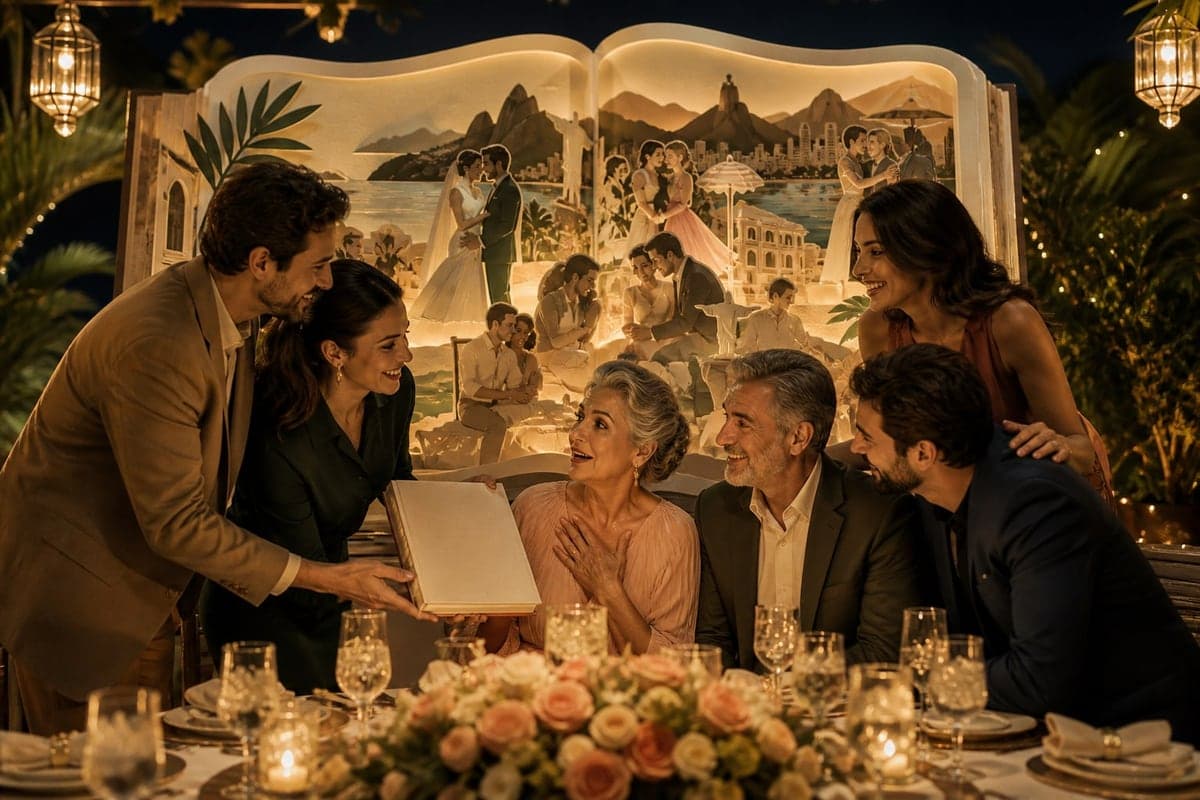 Filhos entregam aos pais um livro que celebra décadas de casamento e história familiar.