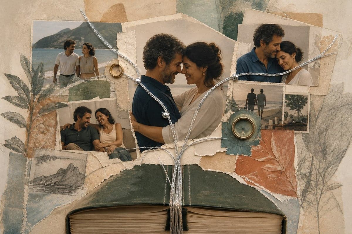 Fios prateados unem fotografias e alianças na história de 25 anos de casamento.