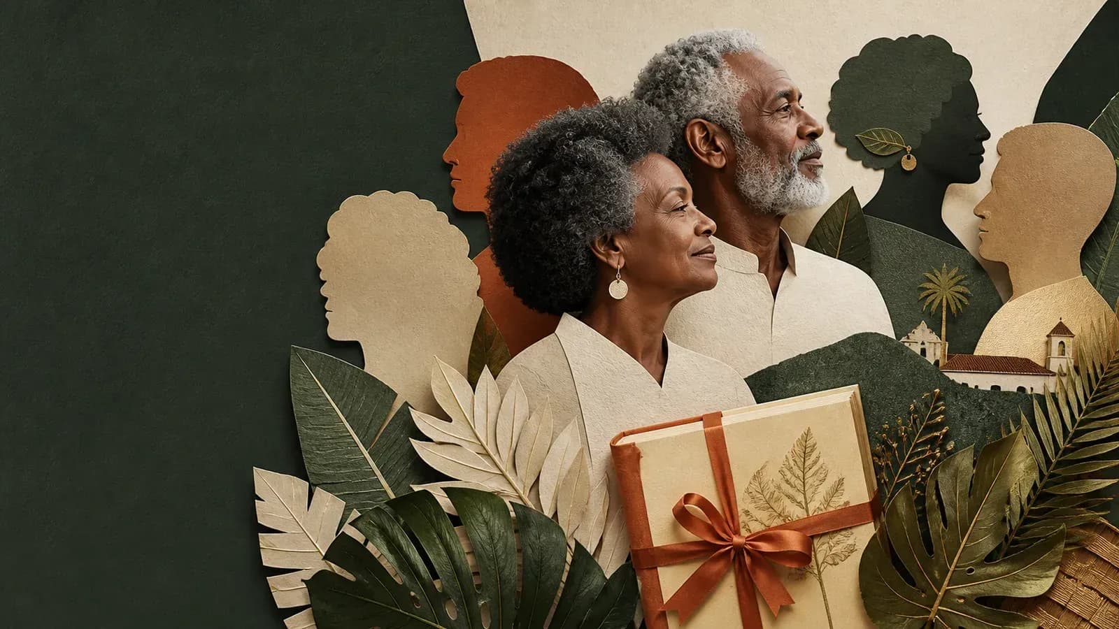 Colagem em papel representa avós, gerações da família e um livro presente.
