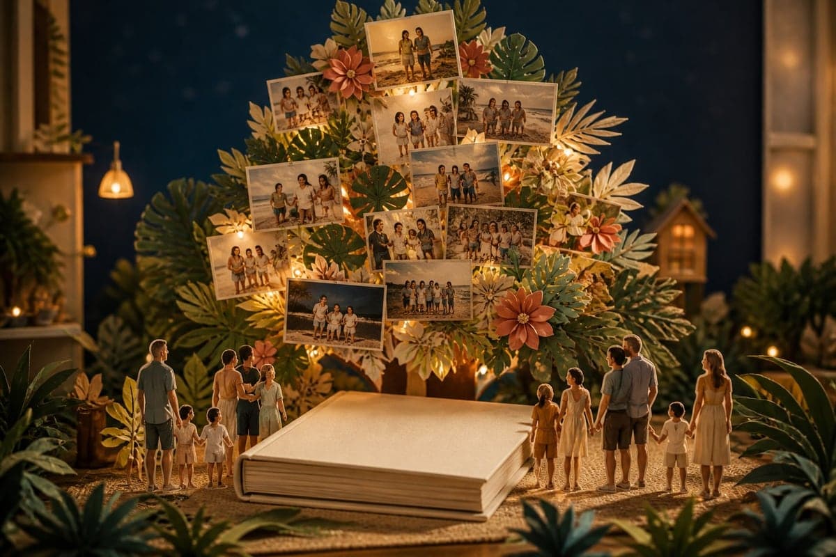 Árvore de Natal feita de fotografias revela um livro de memórias como presente afetivo.