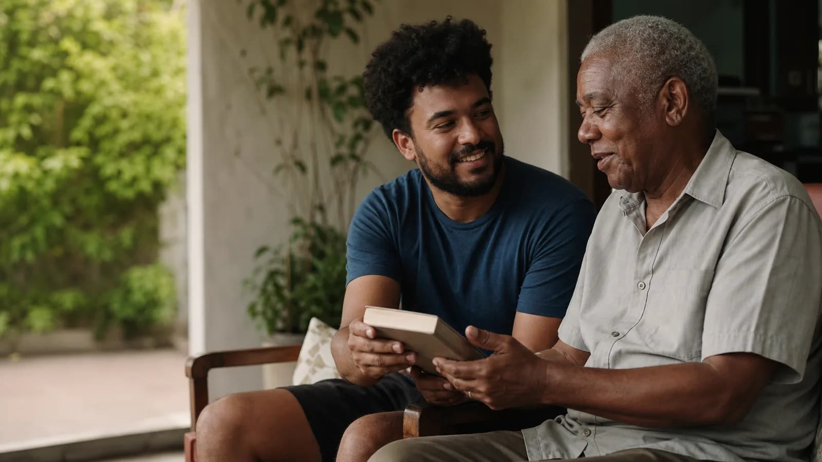 Filho adulto entregando ao pai um livro de memórias no Dia dos Pais.