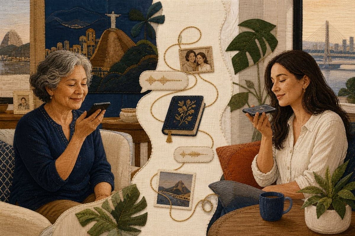 Linha bordada leva áudios, fotografias e um livro entre avó e neta que moram longe.