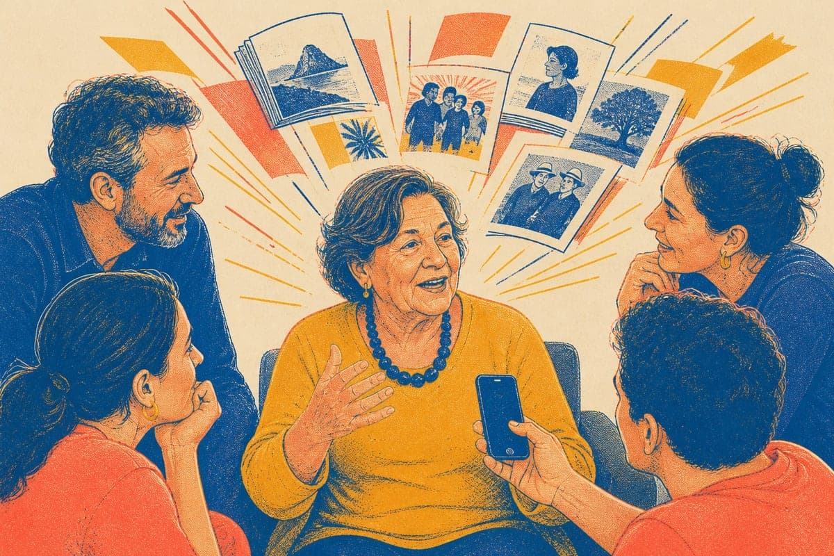 Pessoa idosa é homenageada ao contar histórias que a família registra e preserva.