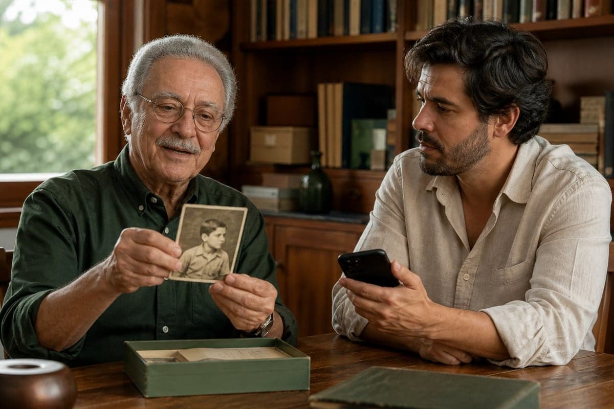 Avô mostra um objeto cheio de história enquanto um familiar adulto escuta e grava a lembrança.