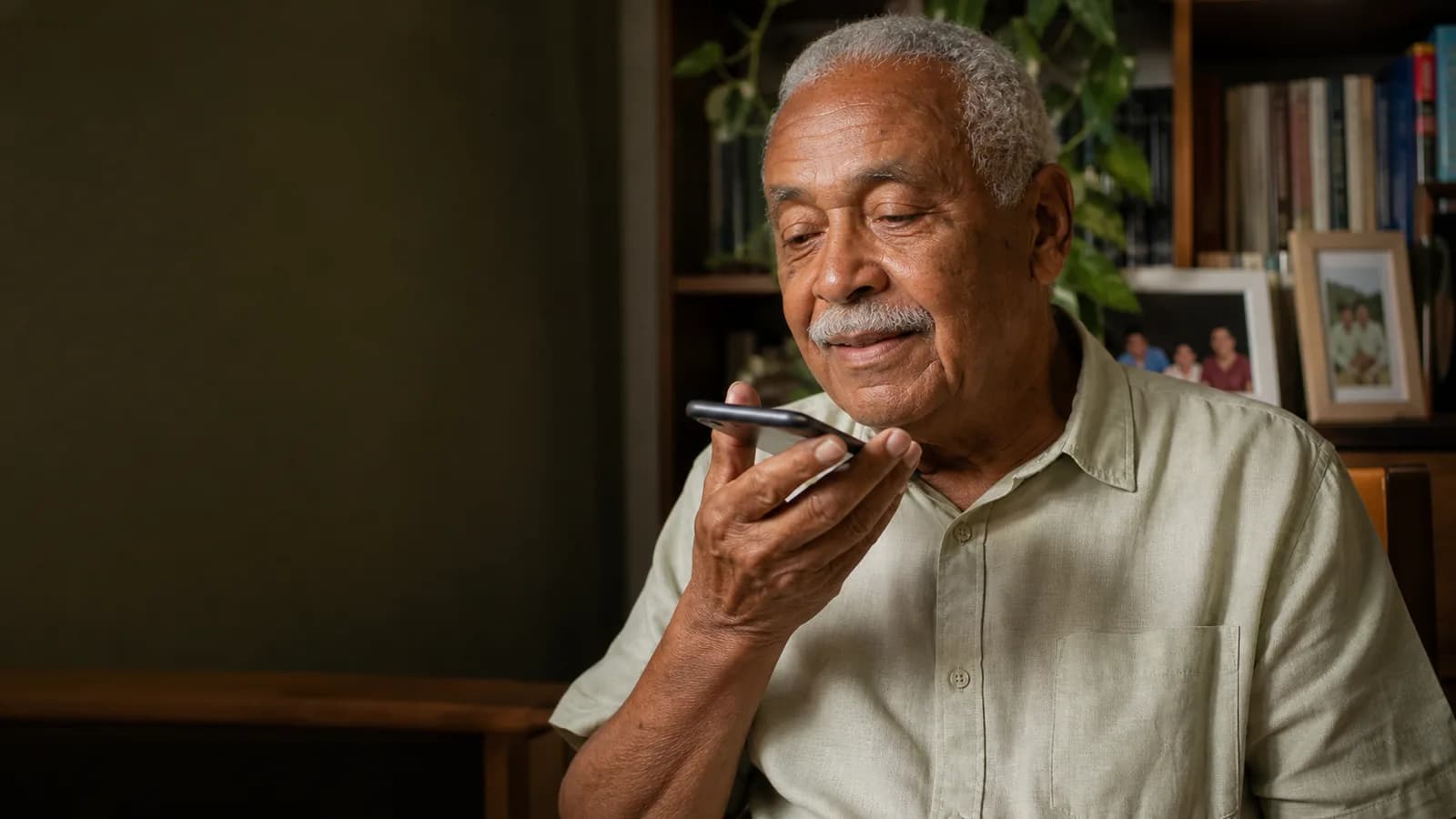 Pai idoso gravando uma história em áudio no celular.