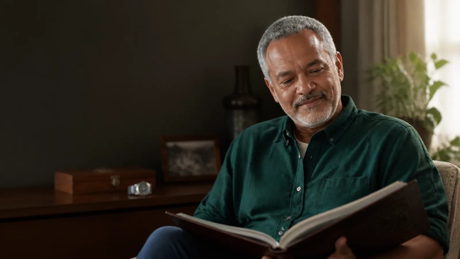 Pai maduro observando um livro com suas memórias e fotografias.