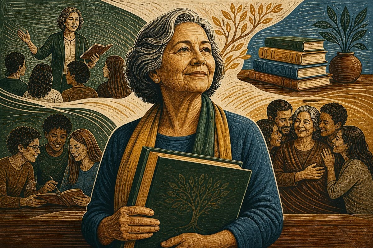 Trajetória de uma professora aposentada liga sala de aula, alunos e um livro de homenagem.