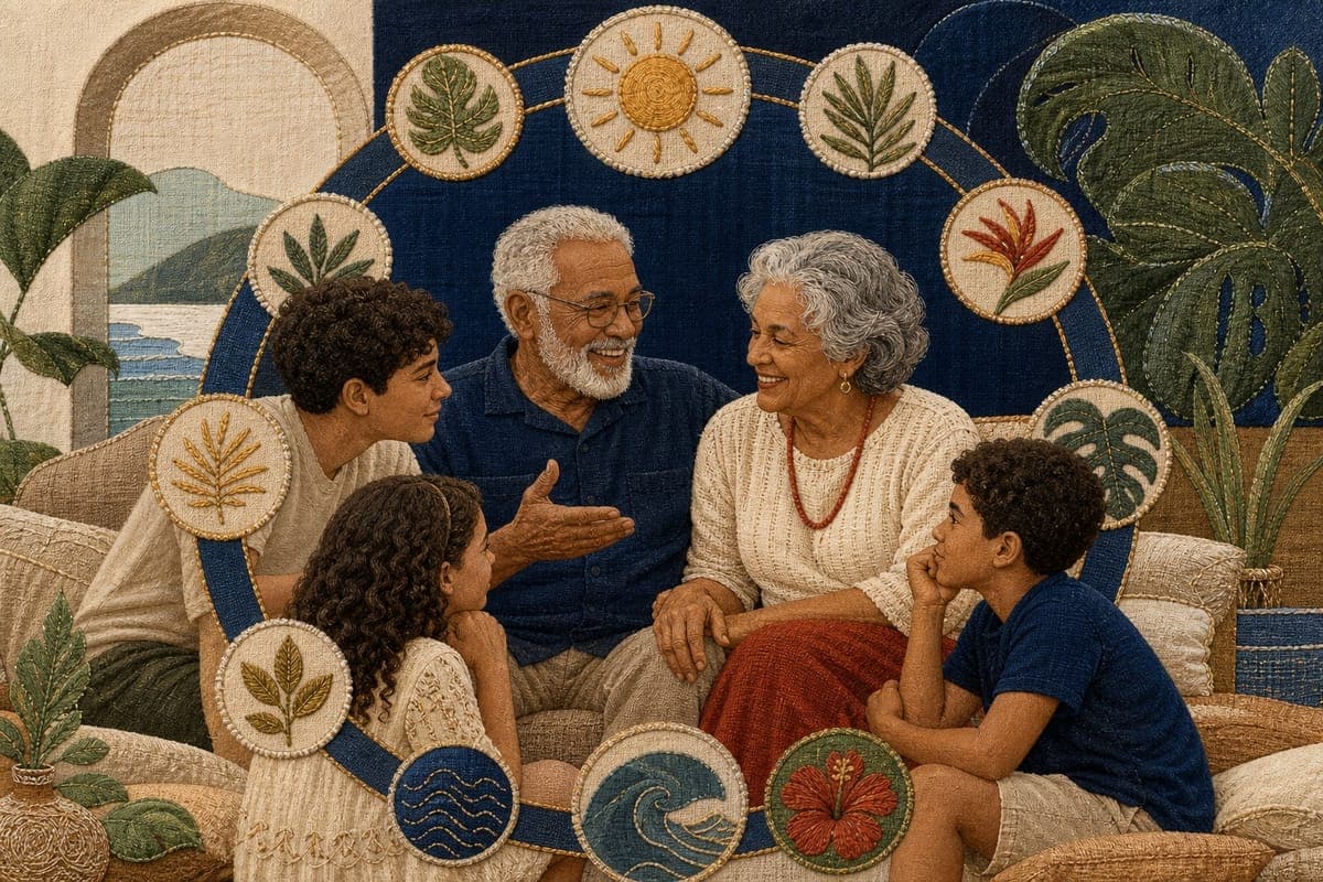 Avós e netos celebram juntos em um domingo representado por bordados e memórias.