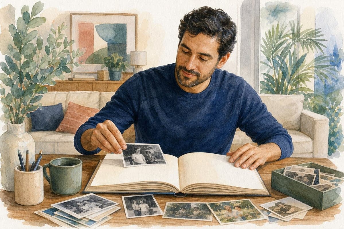 Pessoa adulta prepara um livro com histórias e fotografias para homenagear o pai.