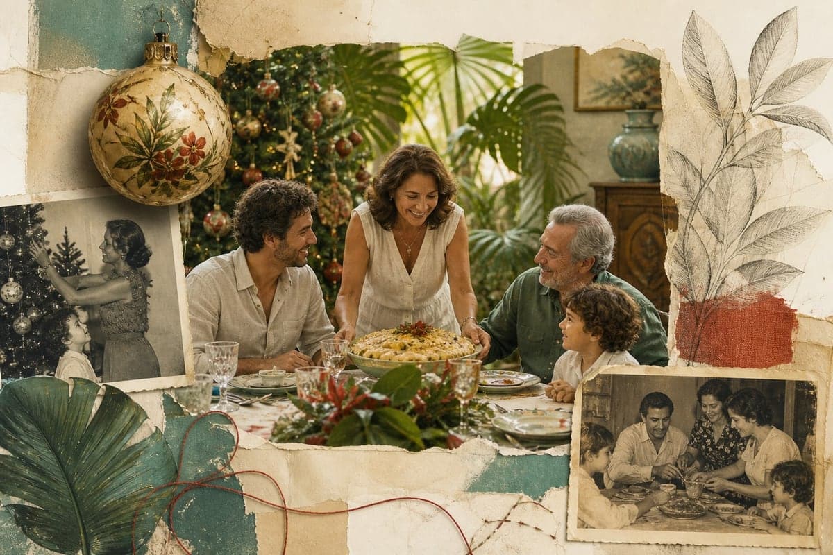 Fotos de diferentes gerações se misturam às tradições de um Natal brasileiro em família.